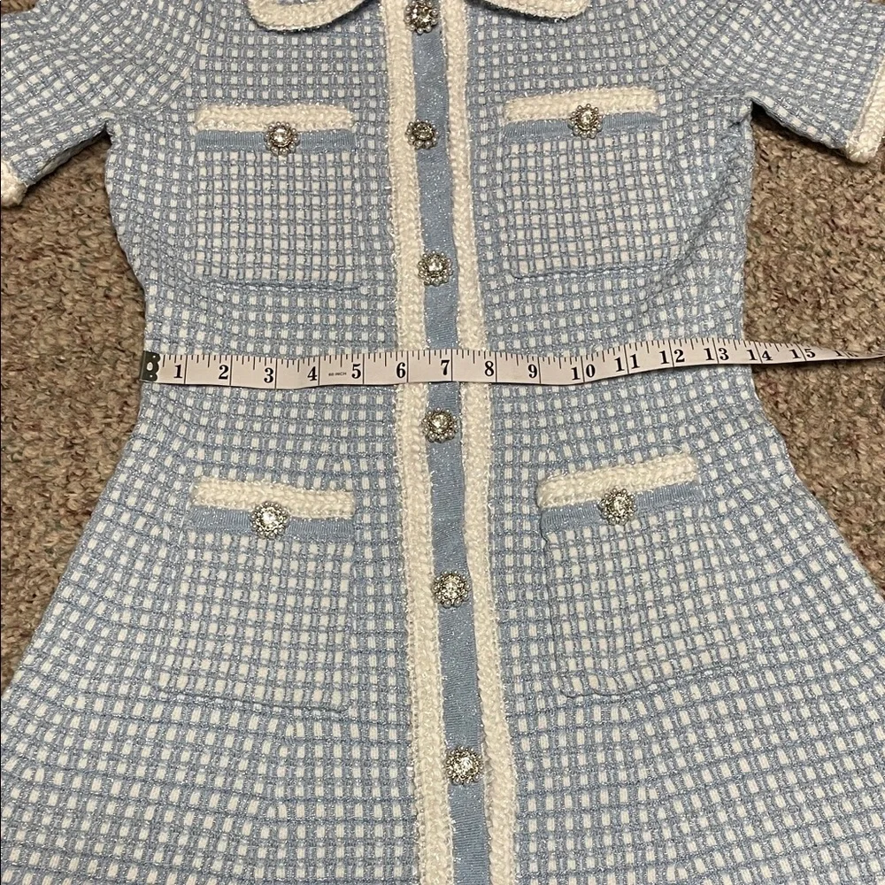 Blue and White check knit boucle ultra stretchy Dress with pearl/diamond buttons - Picture 5 of 10